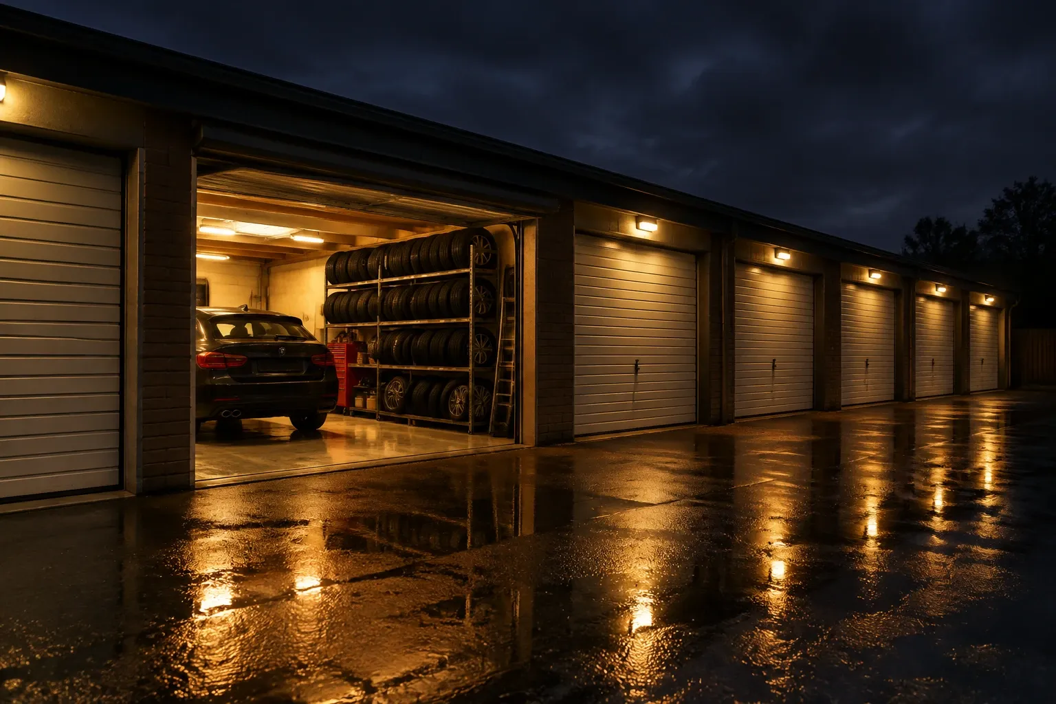 Verlichte garageboxen in de avond, met in één box een band-stelling en een auto